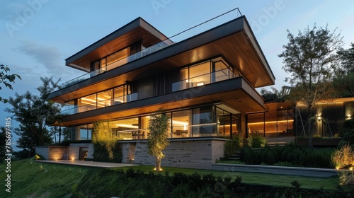 A contemporary property with a wooden facade and scenic forest views  AI generated illustration © ArtStage