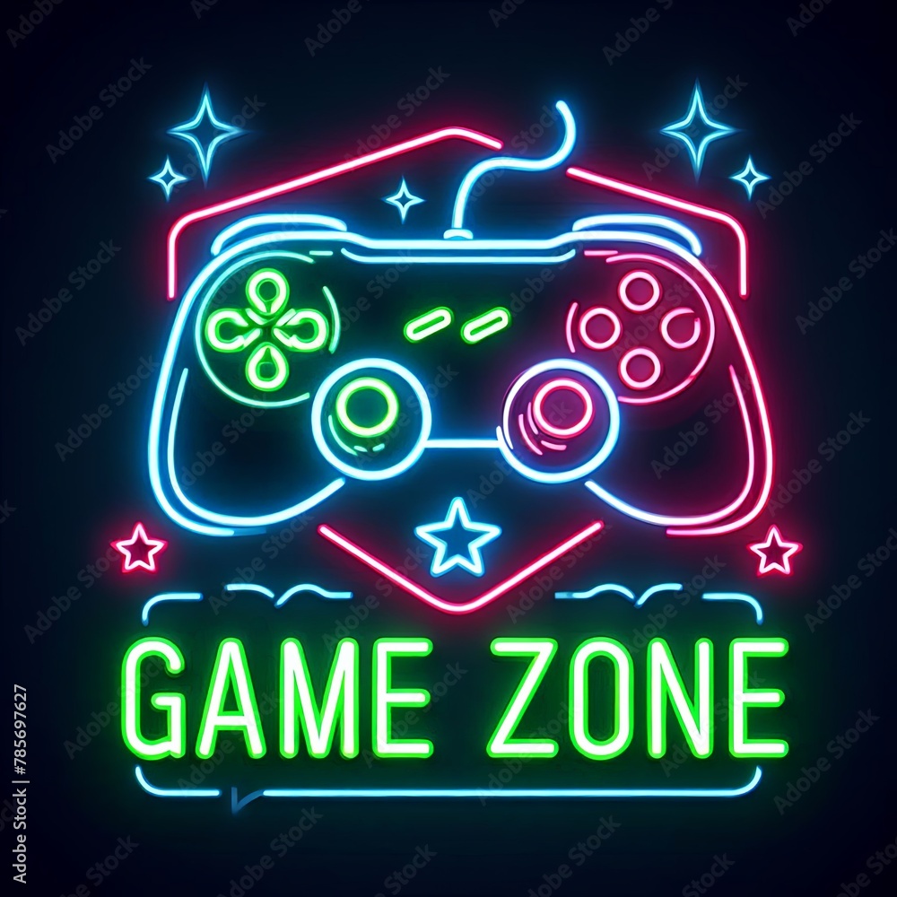 A Neon sign style game zone illustration on a dark blue background with game controllers in neon lights, detailed with buttons and little stars scattered around, Generative Ai.