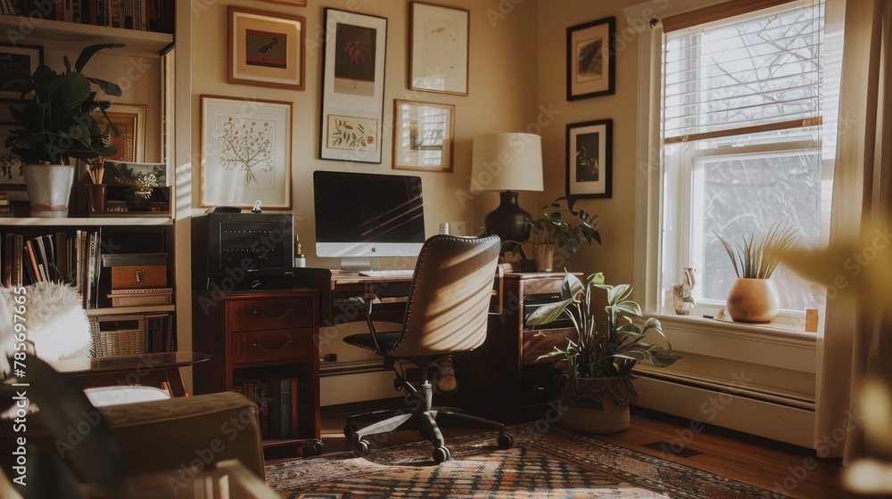 A cozy home office with a vintage flair and personal touches  AI generated illustration