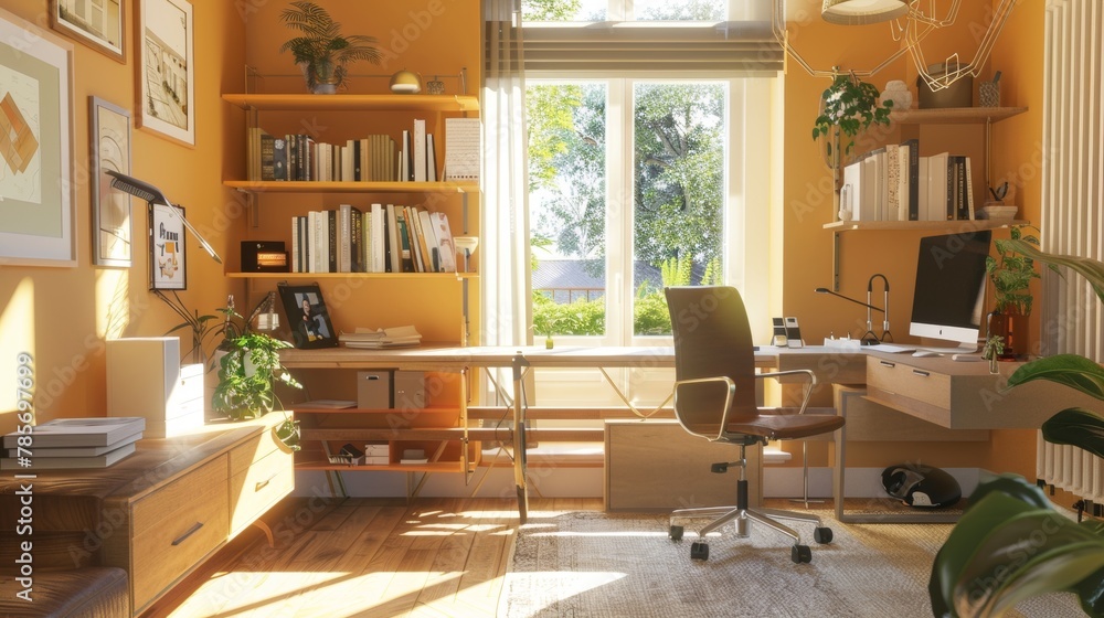 A cozy home office with a warm color palette and natural light  AI generated illustration