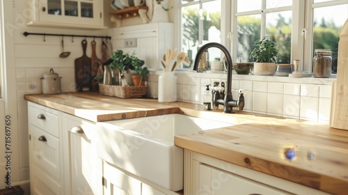 A cozy farmhouse kitchen with a farmhouse sink and butcher block countertops AI generated illustration