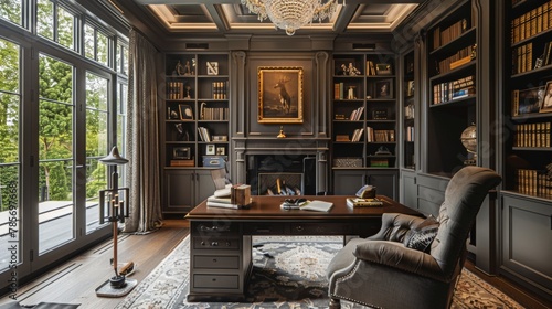 Wallpaper Mural A cozy home office with a fireplace and shelves filled with books  AI generated illustration Torontodigital.ca