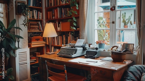 A cozy home office with a vintage typewriter and handcrafted desk AI generated illustration