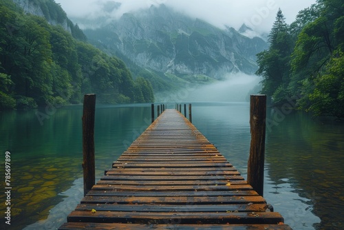 Atmospheric landscape showcasing a wooden jetty leading the eye into a misty, mountainous lakeside scene