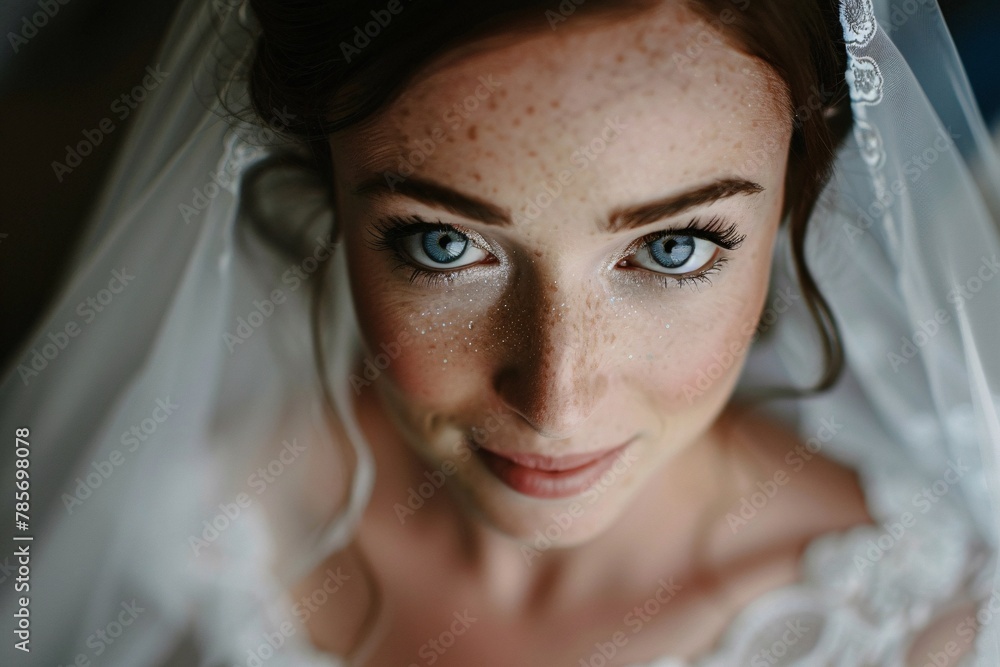 Intimate perspective of the bride's expressive face, her blue eyes shimmering with tears of happiness and emotion Intimate perspective of the bride's expressive face, her blue eyes shimmering with tears of happiness and emotion