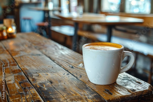 A warm, inviting cup of coffee sits on a weathered wooden table in a cozy café setting, exuding a feeling of comfort and relaxation