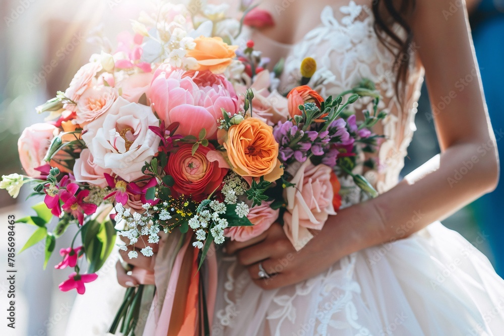 Detailed shot of a brunette bride's hands holding her wedding bouquet, the vibrant blooms and trailing ribbons adding to the beauty of the moment as she prepares to make her grand entrance 01 Detailed shot of a brunette bride's hands holding her wedding bouquet, the vibrant blooms and trailing ribbons adding to the beauty of the moment as she prepares to make her grand entrance 01