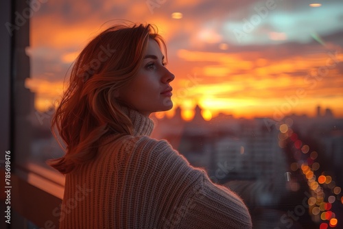 The photograph captures a woman facing a breathtaking cityscape sunset from a high-rise balcony, emphasizing urban life and serenity © Larisa AI