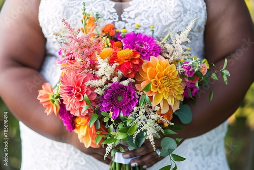 Close-up shot of the obese bride's vibrant bouquet, adding a pop of color to her ensemble on her wedding day 02