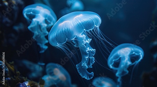 Electric blue jellyfish with bioluminescence swimming in azure water © Katsiaryna