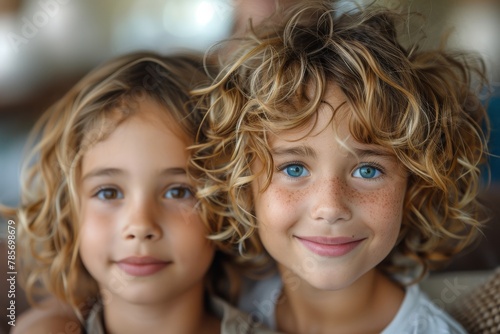 A tender moment between two children with curly hair, smiling and looking into the camera closely