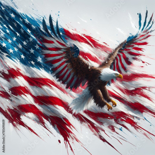 A bald eagle is depicted with its wings spread wide, blending into the American flag's stars and stripes m photo