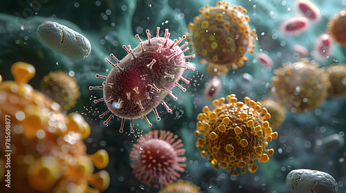 Microscopic macroscopic close view of cells attacked by virus and bacteria science and medical microbiology render illustration
