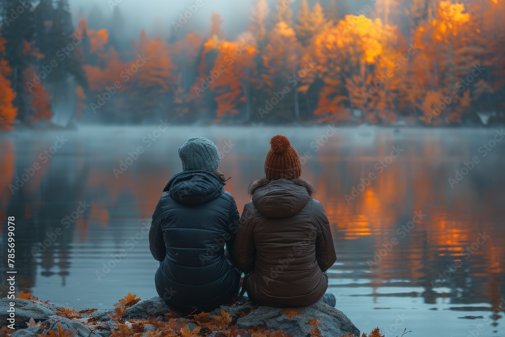 Obraz premium Serene scene of two figures enjoying the view of autumn leaves by a misty lake