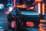 futuristic electric suv with glowing neon headlights on dark city street 3d render