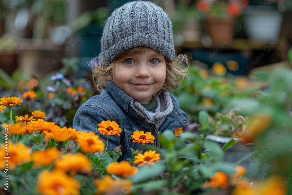 Adorable child in a knitted hat smiling among orange marigold flowers in a garden Adorable child in a knitted hat smiling among orange marigold flowers in a garden