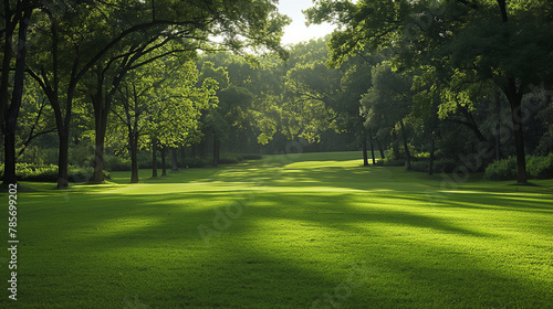 Early morning light filters through the leaves, casting a tranquil pattern across the lush green carpet of a serene park