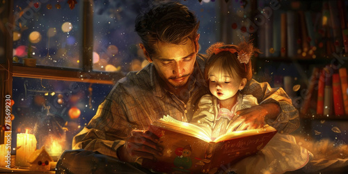 A man sitting, reading a book to a little girl who is listening intently