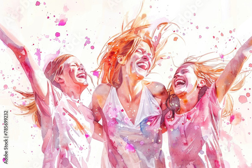 Three joyful friends throwing colorful powder and celebrating together