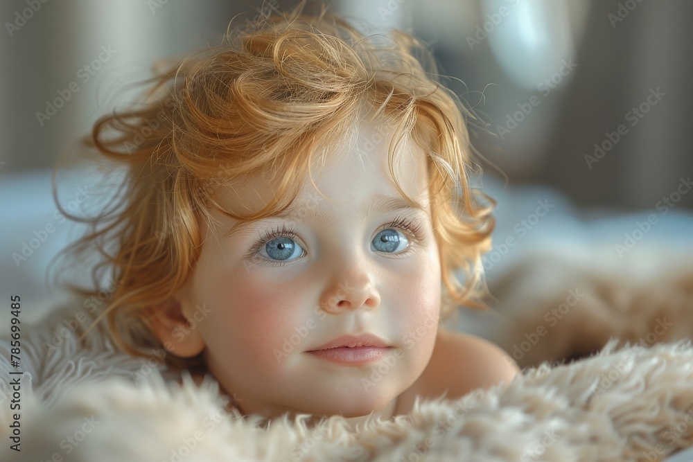 A toddler with curly blonde hair and bright blue eyes lying on a fur surface looking up A toddler with curly blonde hair and bright blue eyes lying on a fur surface looking up
