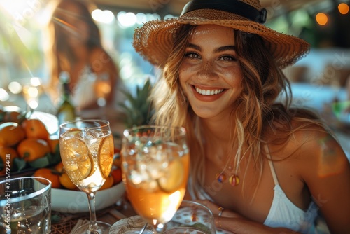 A radiant woman smiling at an outdoor table with summer drinks and oranges
