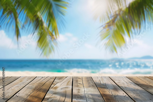 Empty wooden table top with blurred tropical beach background for product display montage