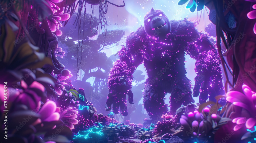 A gentle giant lumbers through a twilight forest aglow with radiant plants A gentle giant lumbers through a twilight forest aglow with radiant plants