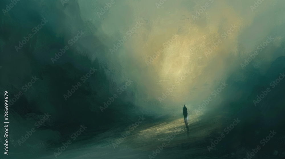 A lone person strolls along a forest path amidst swirling morning fog, with sunlight piercing through - obrazy, fototapety, plakaty 