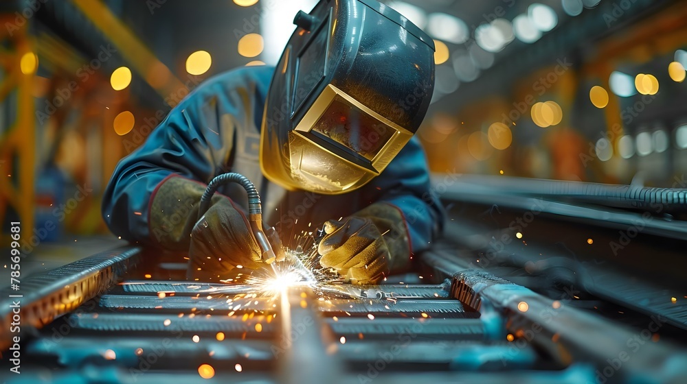Welder at Work: Precision and Sparks in Steel Crafting. Concept Metal Fabrication, Industrial Work, Welding Techniques, Steel Crafting Process, Precision Tools - obrazy, fototapety, plakaty 