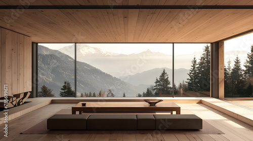 A minimalist mountain retreat designed with sustainable materials featuring panoramic windows that offer unobstructed views of the natural surroundings. photo