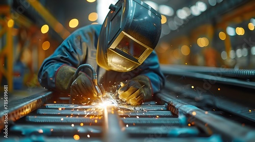Welder at Work: Precision and Sparks in Steel Crafting. Concept Metal Fabrication, Industrial Work, Welding Techniques, Steel Crafting Process, Precision Tools