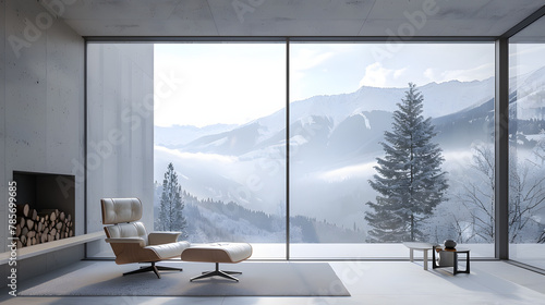 A minimalist mountain retreat designed with sustainable materials featuring panoramic windows that offer unobstructed views of the natural surroundings. photo