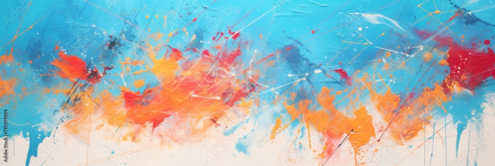 Abstract Painting With Vivid Orange And Blue Strokes. Dynamic Abstract Art With Splashes On Blue Background. Generative AI