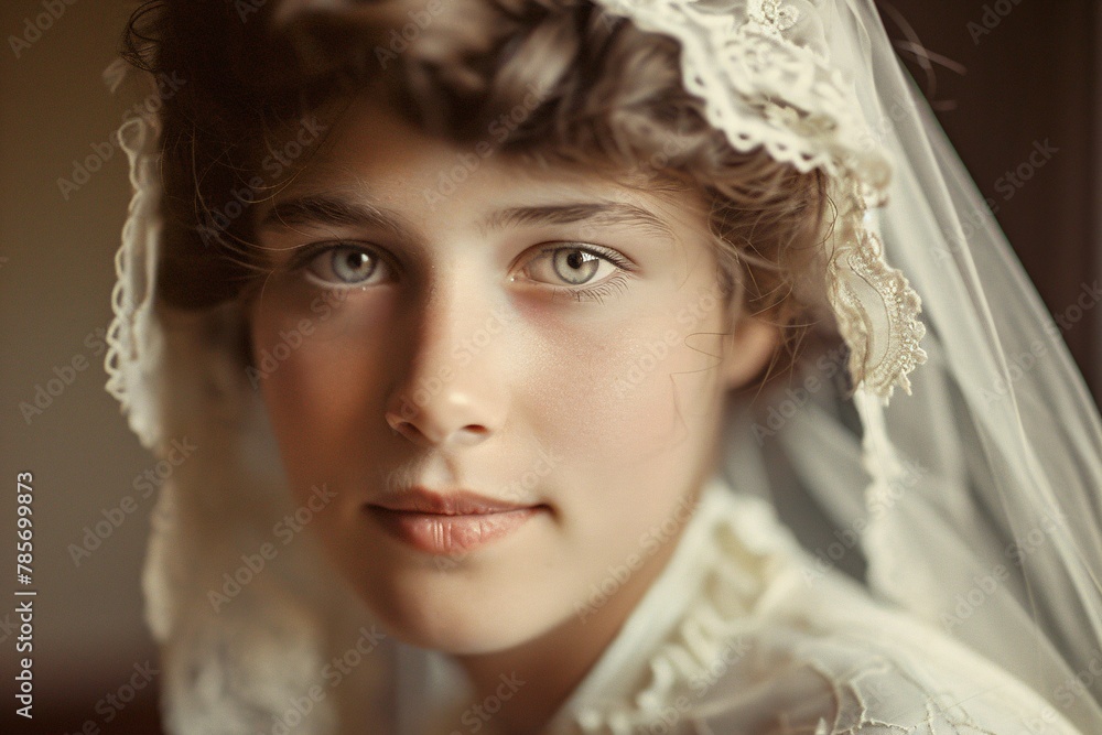 Close-up of an old wedding photograph, showcasing the youthful beauty and innocence of the bride in vintage attire 02 Close-up of an old wedding photograph, showcasing the youthful beauty and innocence of the bride in vintage attire 02