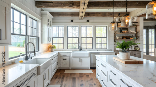 A modern farmhouse kitchen with rustic wood beams and a large farmhouse sink.