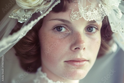 Close-up of a young woman in a vintage 70s-style wedding photo, radiating retro charm and timeless elegance 02