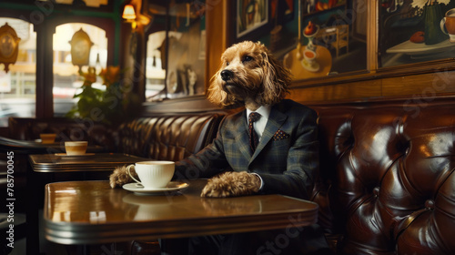 Fototapeta Naklejka Na Ścianę i Meble -  A dog dressed in a suit sitting at a table, holding a cup of coffee