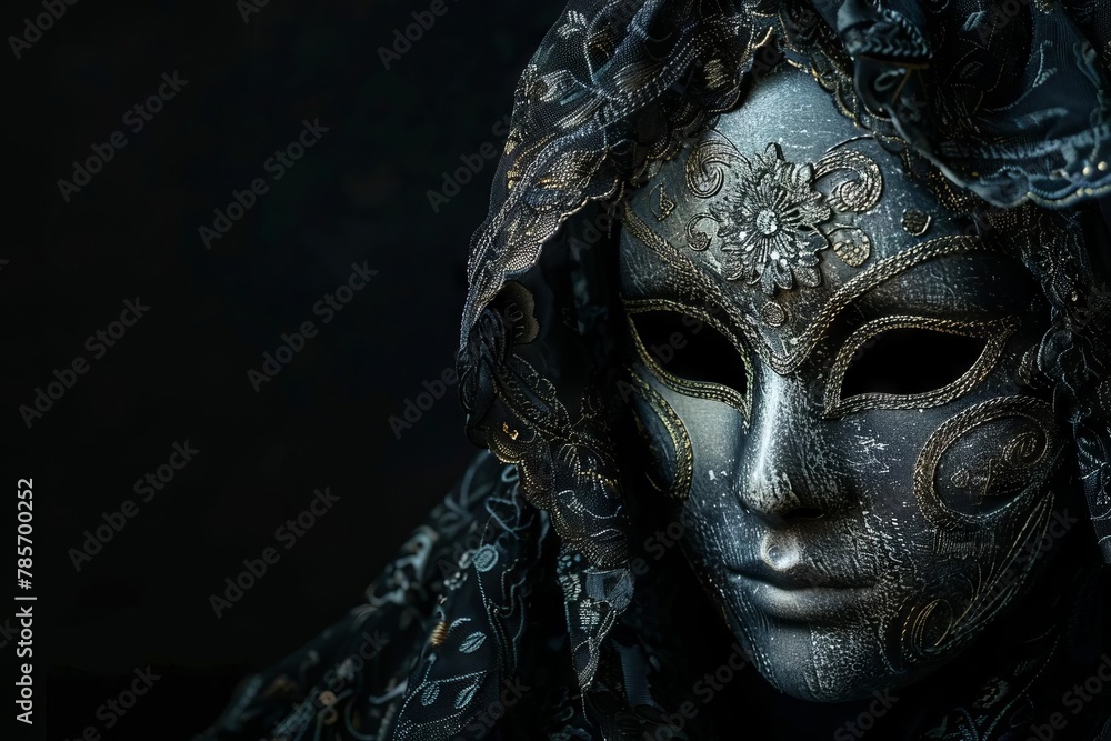 mysterious venetian masquerade mask with intricate details on black background still life