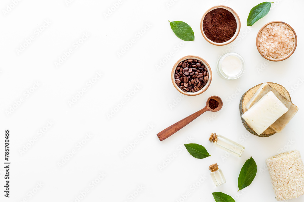 Spa coffee cosmetic set with body scrub and sea salt, top view Spa coffee cosmetic set with body scrub and sea salt, top view