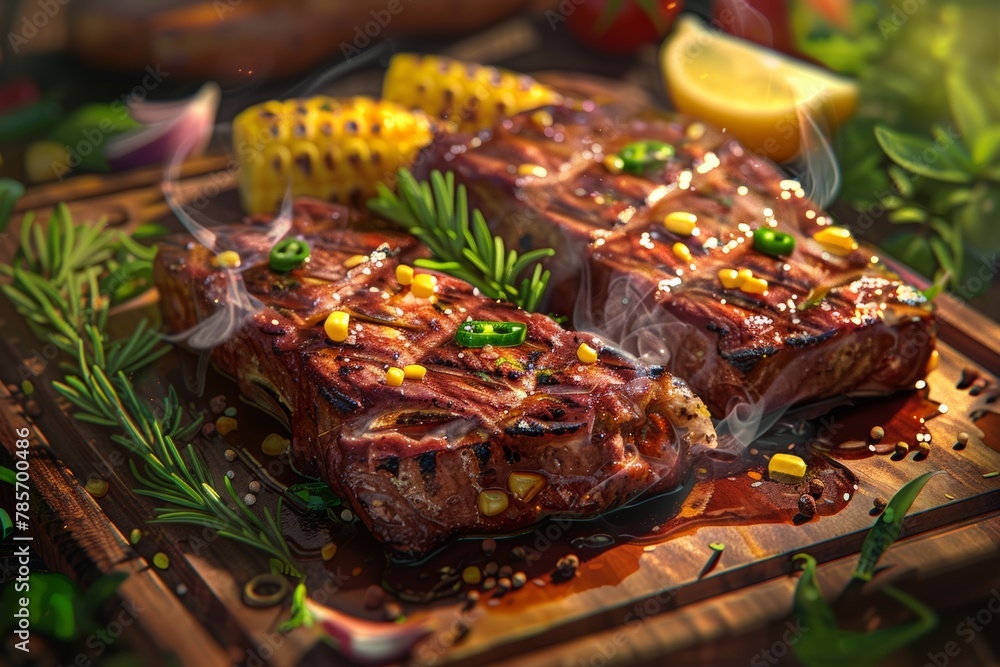 Close-up image of grilled steaks garnished with fresh herbs and spices, perfect for culinary blogs and restaurant menus.