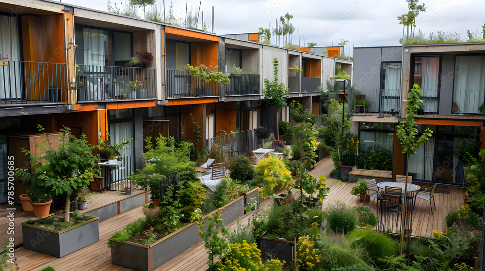 A modular housing complex with adaptable living spaces and communal gardens.