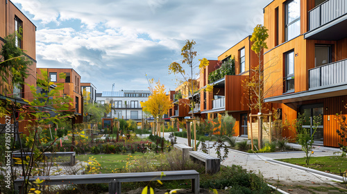 A modular housing complex with adaptable living spaces and communal gardens. photo