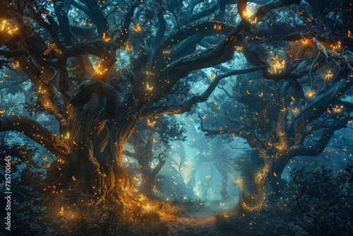 mystical enchanted forest with luminous fireflies and ancient trees digital art © Lucija