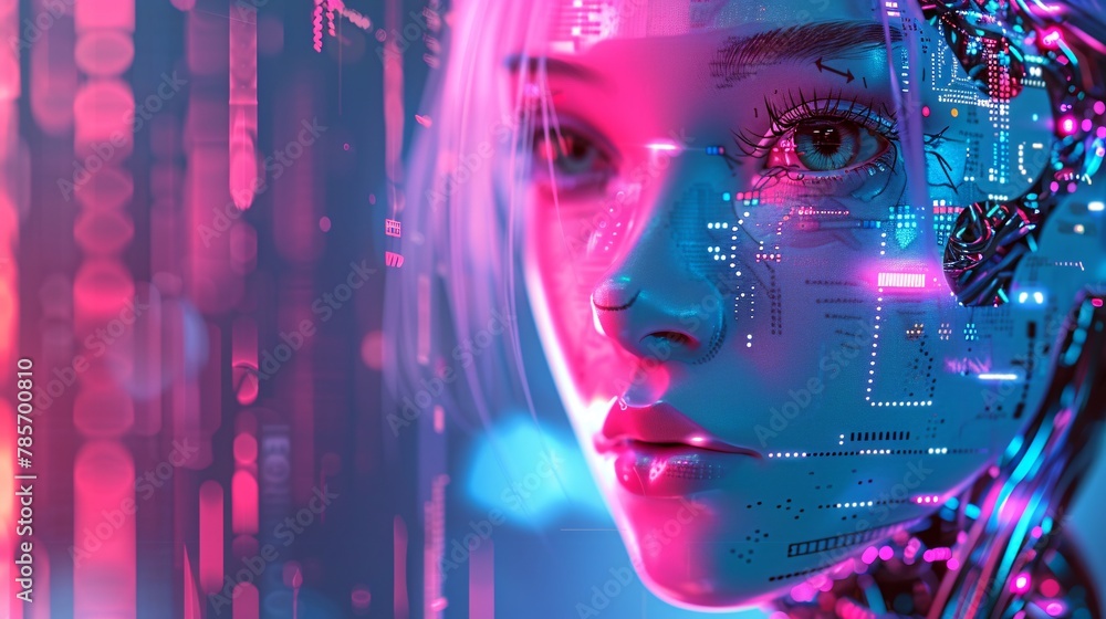 Portrait of futuristic  female cyborg in colored background