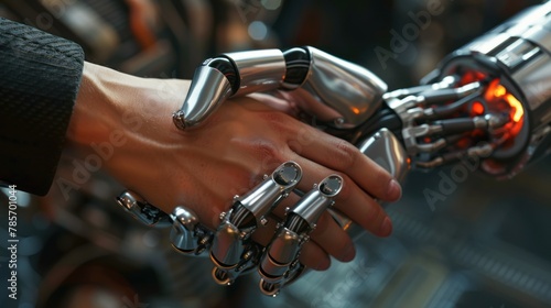 A robot's hand shakes a person's hand.