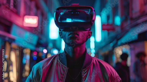 Man Wearing Virtual Reality Headset on City Street