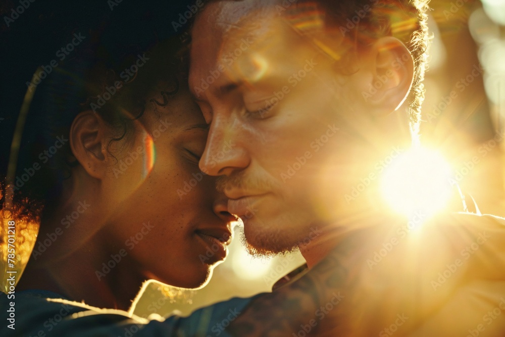 Up-close perspective of a diverse couple sharing a final embrace, their faces illuminated by sunlight, conveying the bittersweet emotions of divorce, yet hinting at newfound freedom 01 Up-close perspective of a diverse couple sharing a final embrace, their faces illuminated by sunlight, conveying the bittersweet emotions of divorce, yet hinting at newfound freedom 01