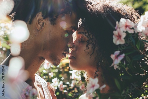 Up-close perspective of a diverse couple sharing a tender kiss, bathed in soft sunlight, amidst a garden filled with blossoming flowers, symbolizing the beginning of their marital journey 01