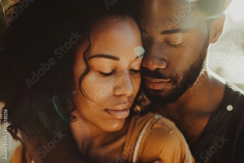 Up-close perspective of a couple sharing a final embrace, their faces illuminated by sunlight, conveying the bittersweet emotions of divorce, yet hinting at newfound freedom 02 photo