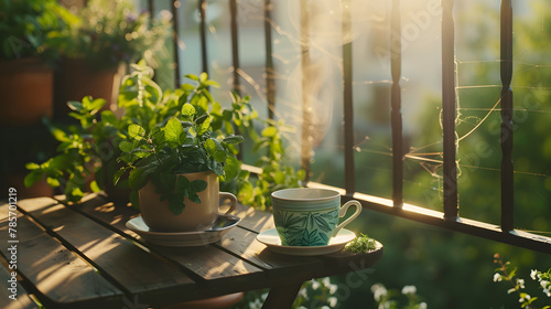 A morning ritual on a balcony featuring a small herbal tea garden with mint chamomile and lemon verbena capturing the essence of homegrown wellness.